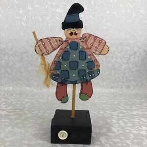 Country Hand-Painted Witch Holding Broom—Charming 10½” Handmade Wooden Figurine